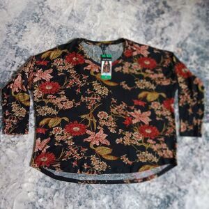 Well Worn Women's Long Sleeve V- Neck Black Floral Print Top XL NWT